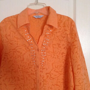 City Blues Koret Women's Button Down Orange Shirt Blouse Size L 3/4 Sleeves